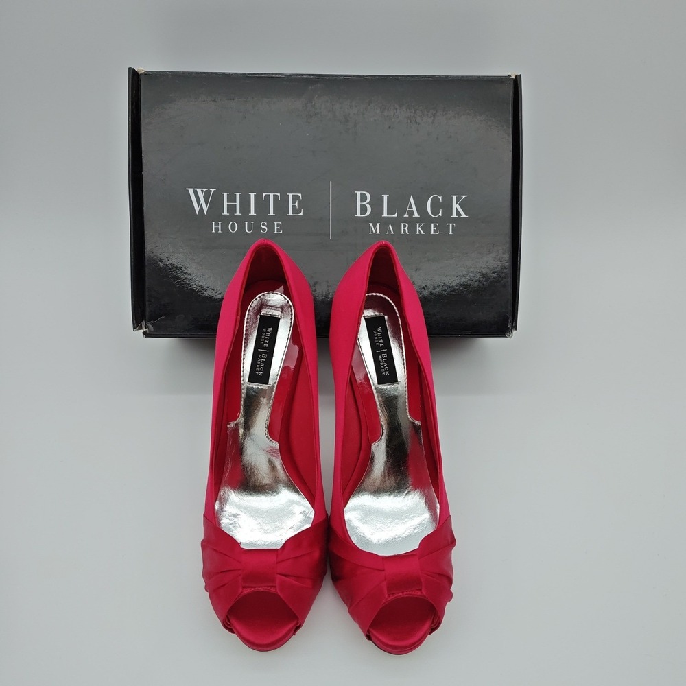 White House Black Market Ray Red Peep Toe Satin Heels Pumps Womens 7.5 M - Picture 2 of 10